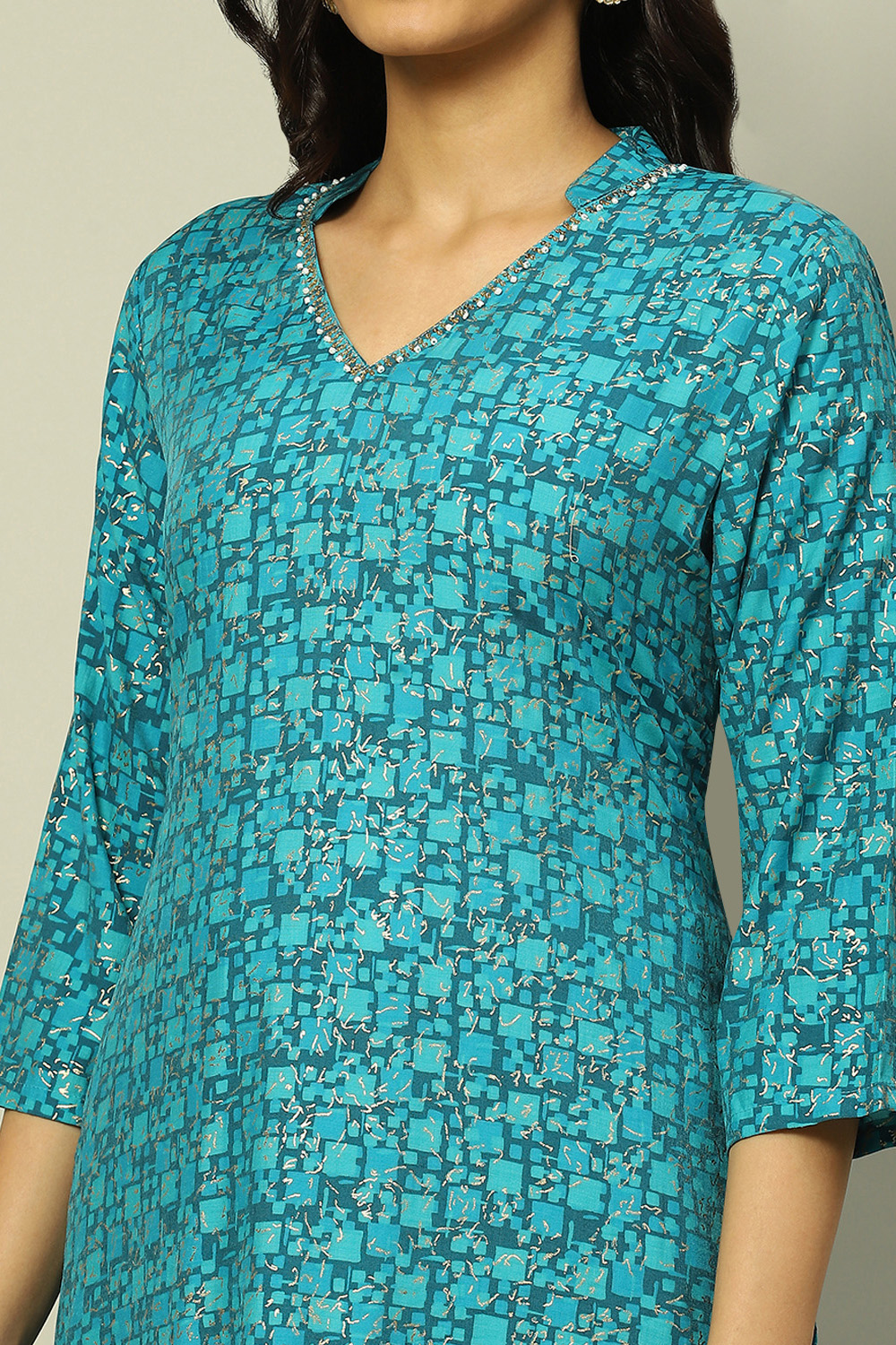 Blue Viscose Blend Geometric Printed Straight Kurta image number 1