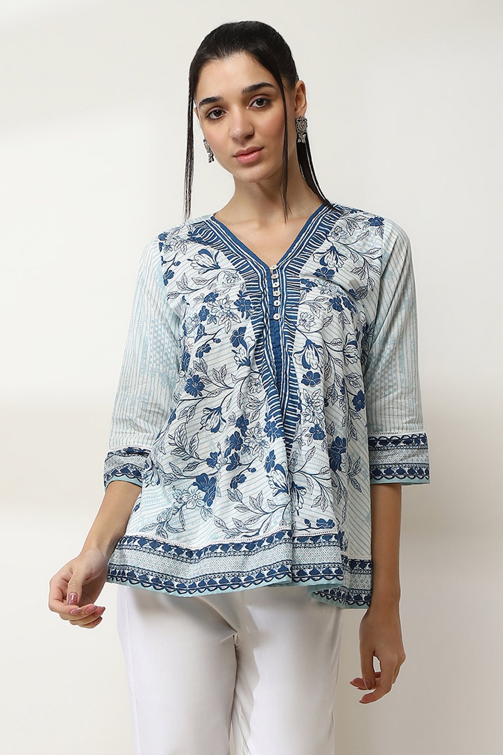 Blue Cotton Floral Printed Flared Top image number 5