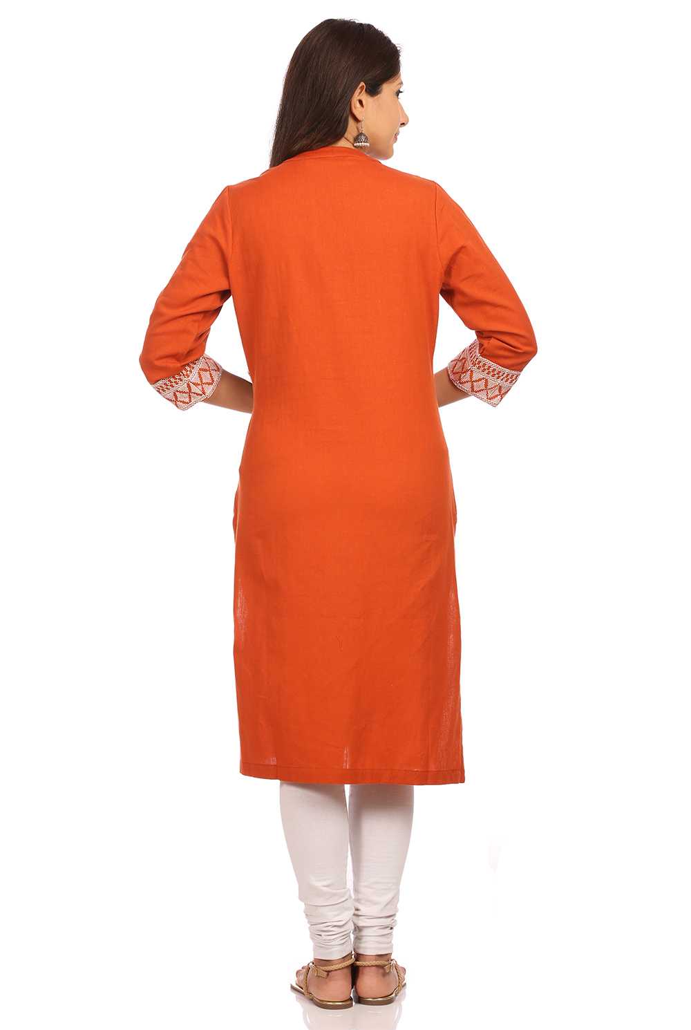 Rust Straight Cotton Kurta image number 3