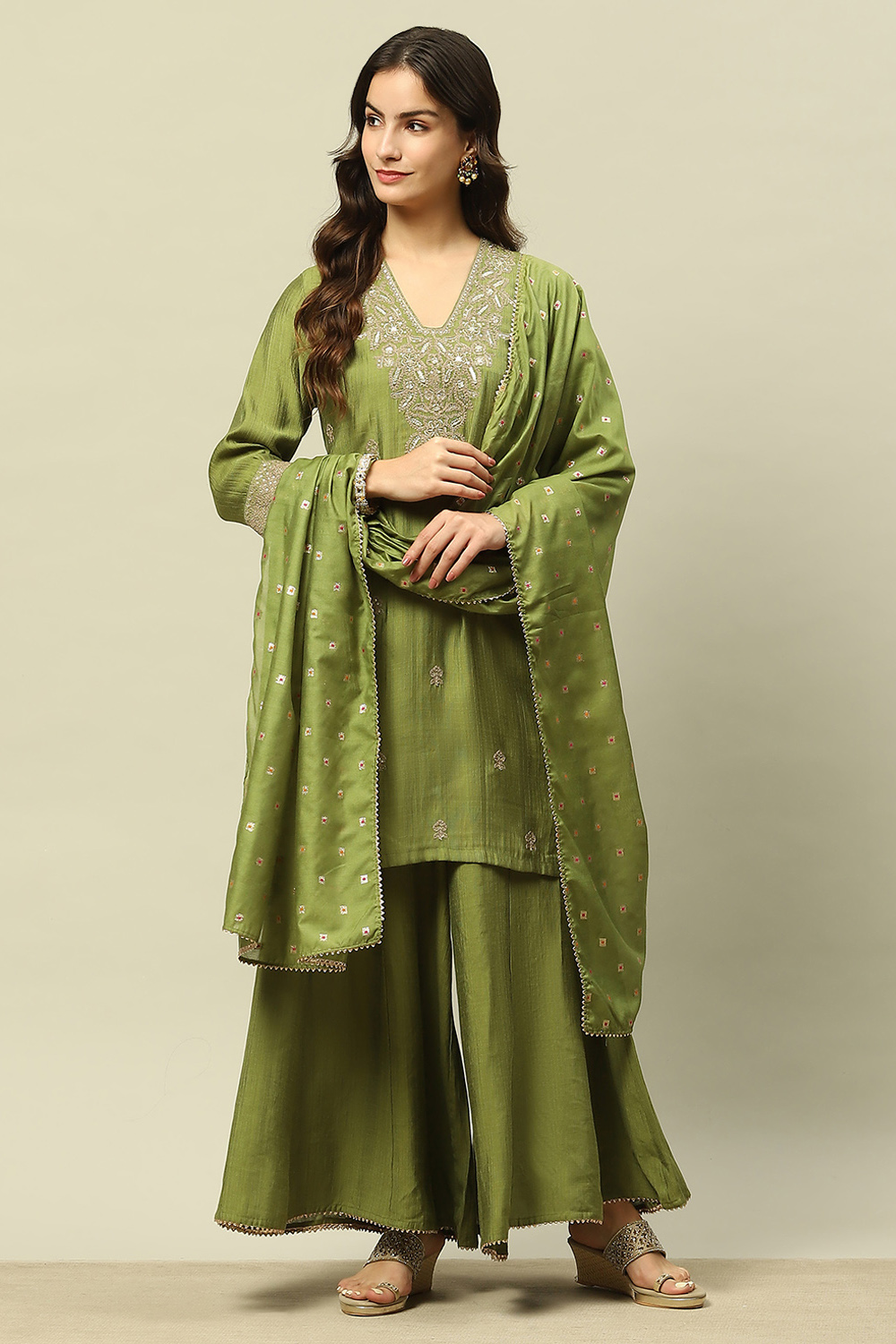 Golden-Olive Viscose Blend Straight Embroidered Kurta Sharara Suit Set image number 6