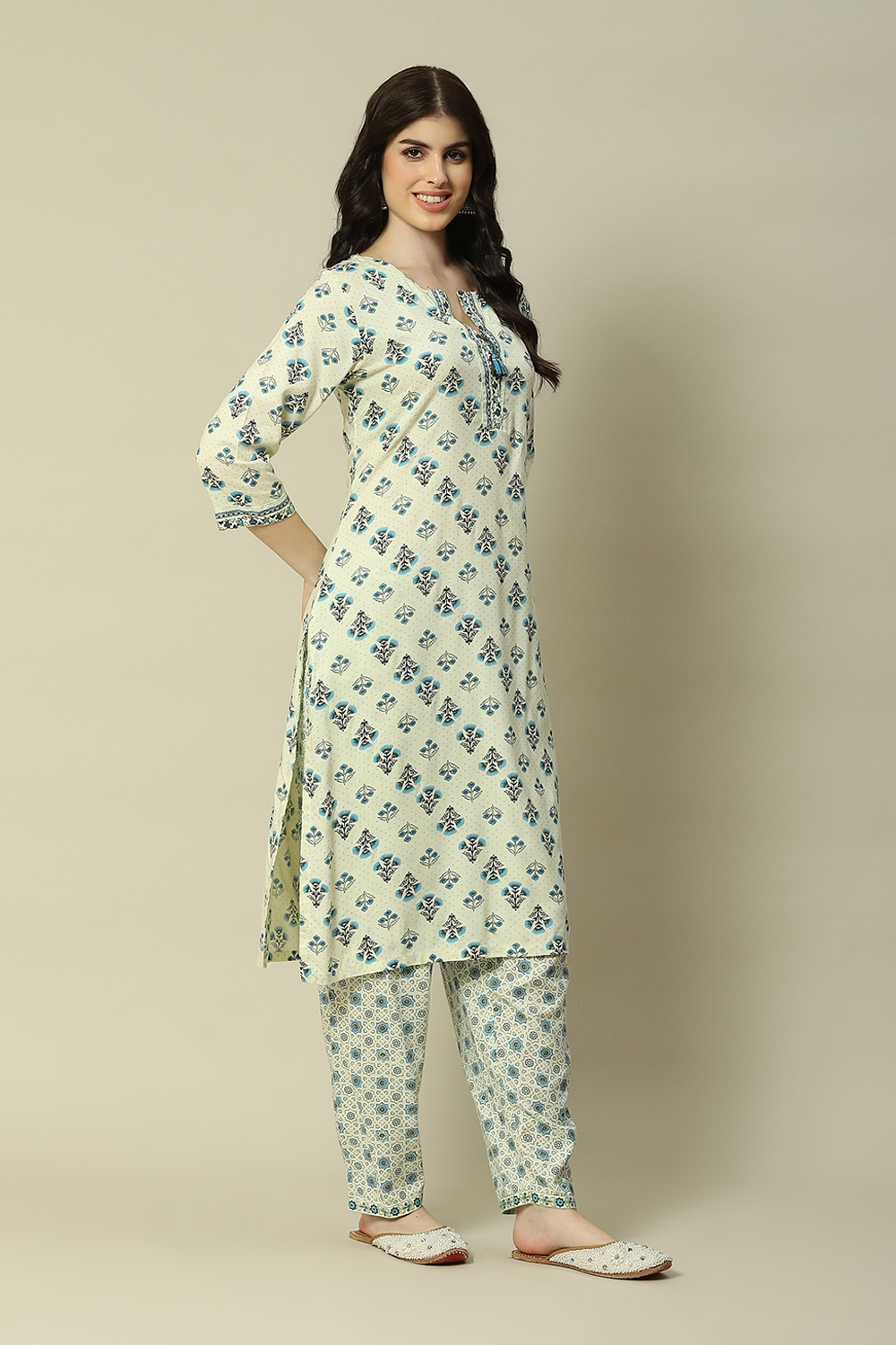 Ecru LIVA Straight Printed Kurta Palazzo Suit Set image number 5