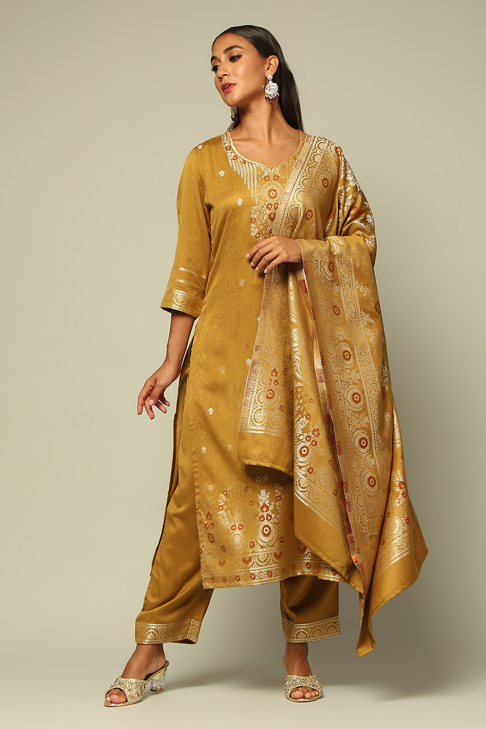 Mustard Acrylic Straight Yarn Dyed Kurta Palazzo Suit Set image number 6