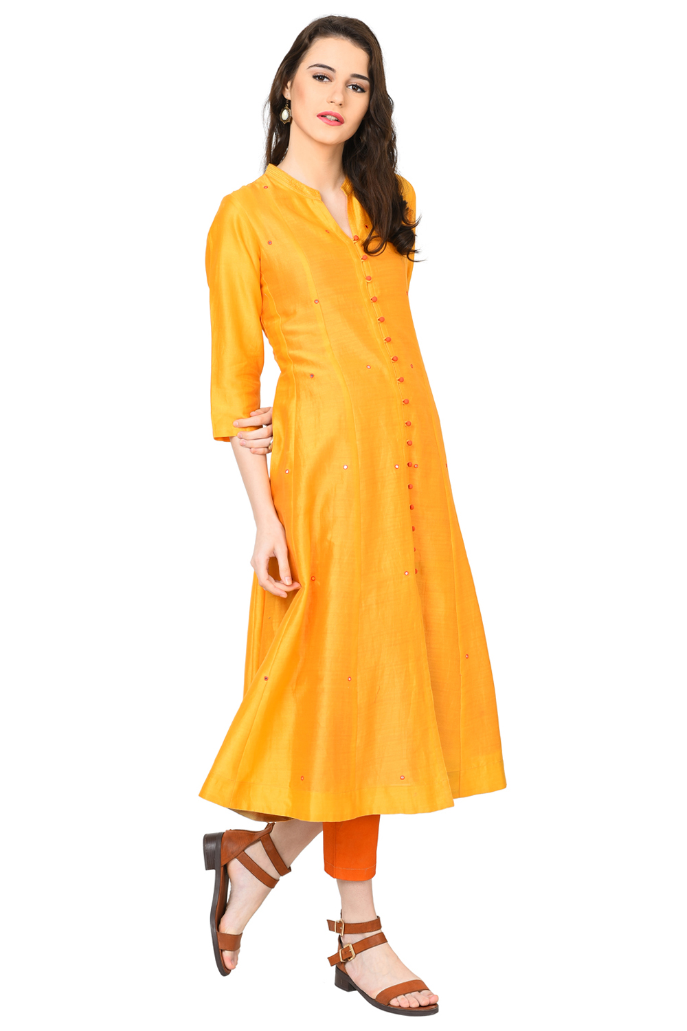 Yellow Kalidar Polyester Kurta image number 2