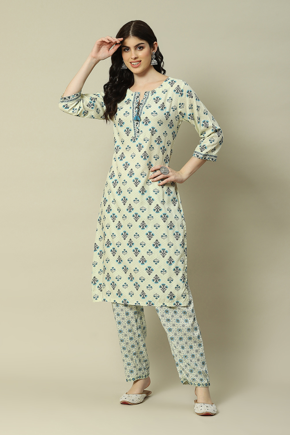 Ecru LIVA Straight Printed Kurta Palazzo Suit Set image number 0