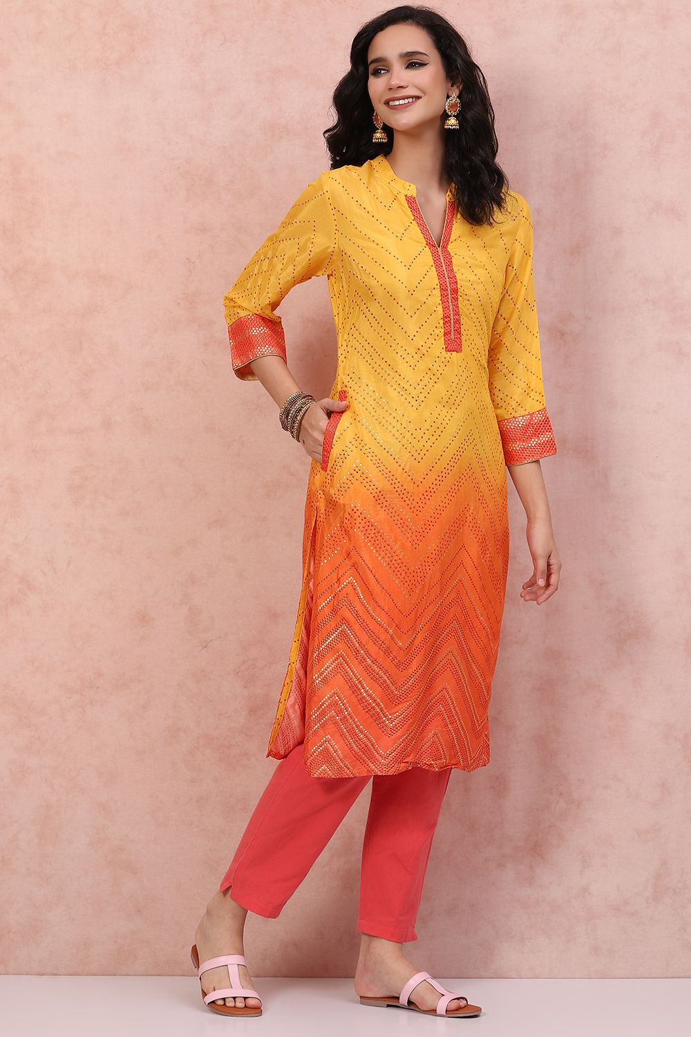 Mustard LIVA Straight Ombre Kurta image number 3