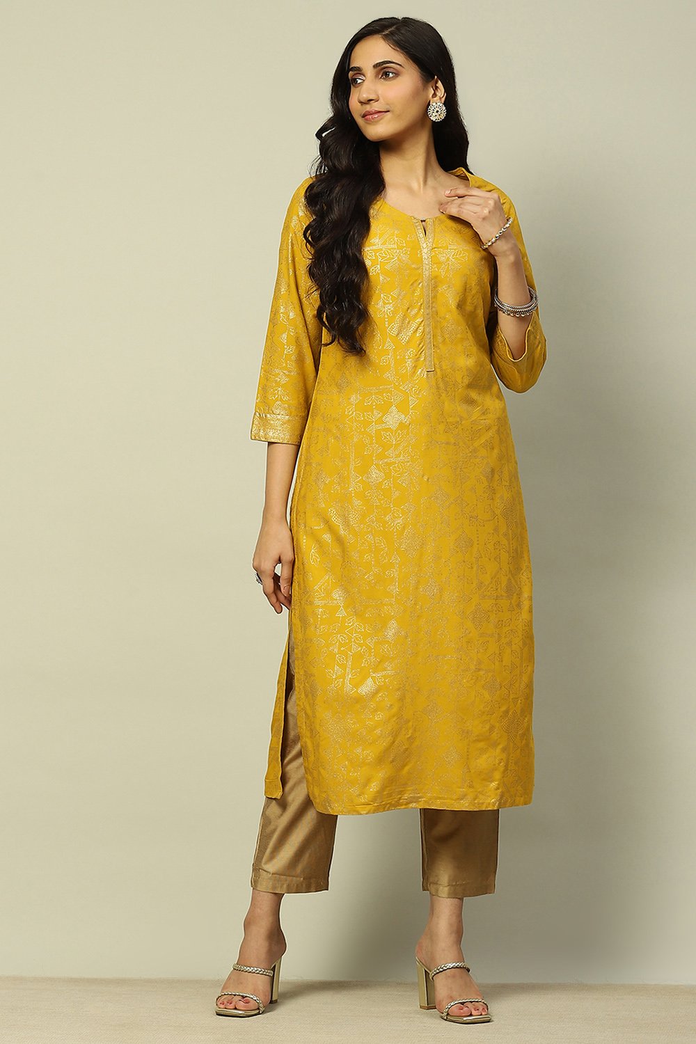 Yellow Printed Festive Straight Kurta image number 0