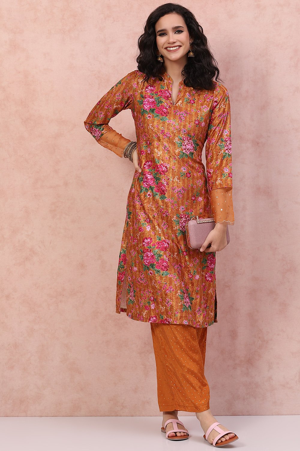 Mustard Art Silk Straight Suit Set image number 6