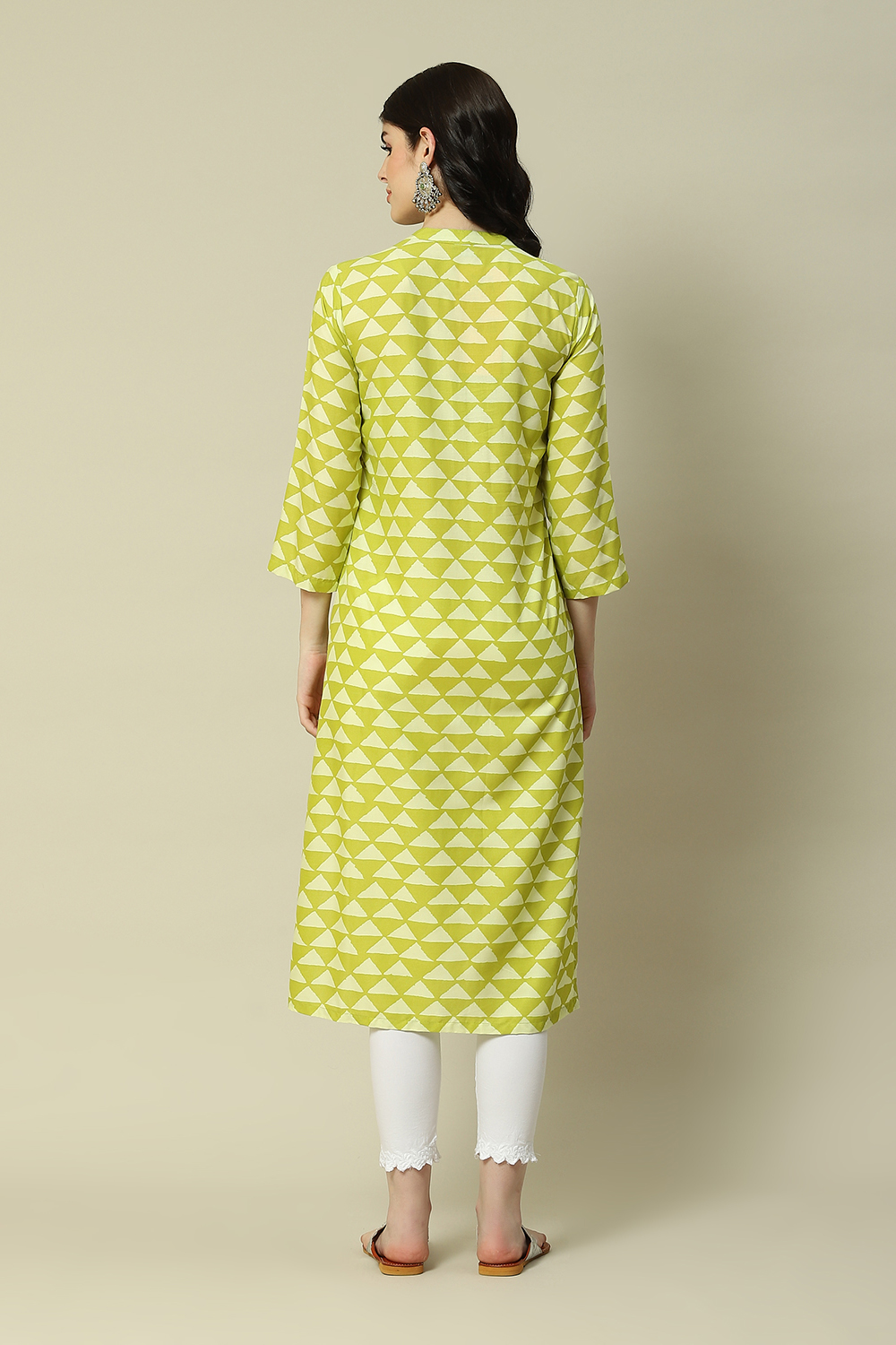 Lime Green LIVA Straight Printed Kurta image number 4