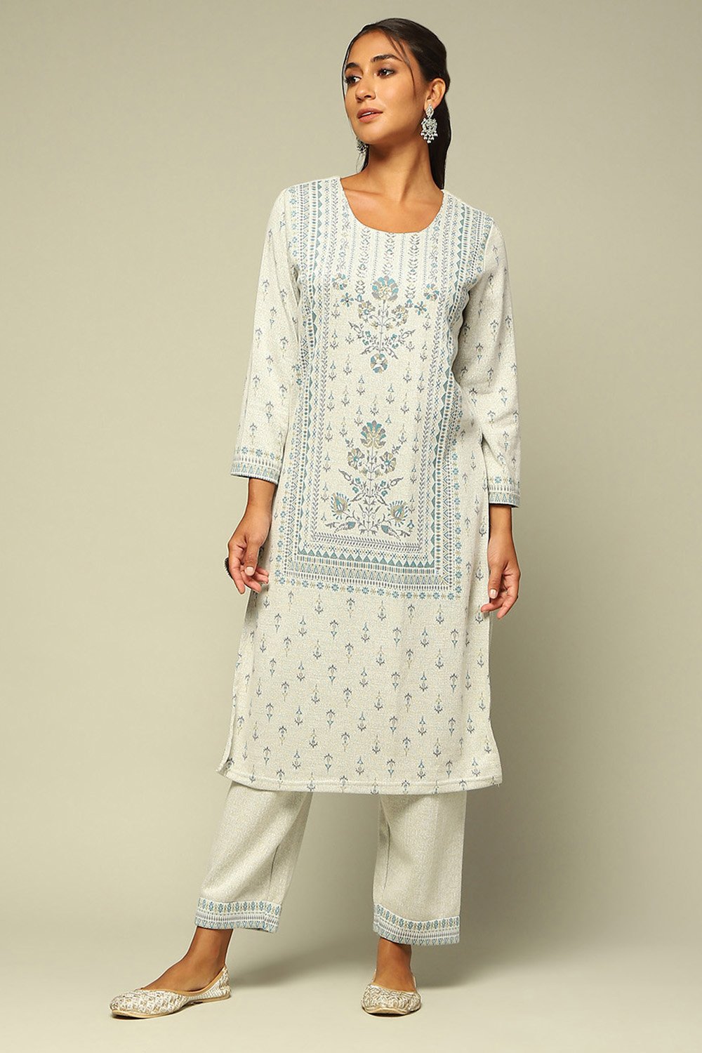 Grey Acrylic Straight Yarn Dyed Kurta Palazzo Suit Set image number 6