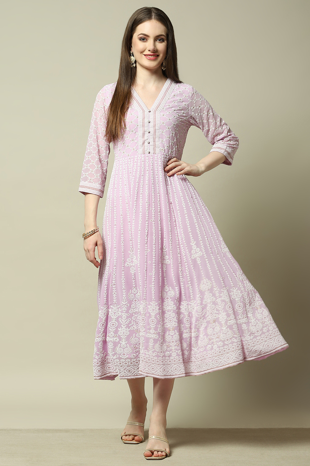 Lavender Poly Georgette Embroidered Flared Dress image number 0