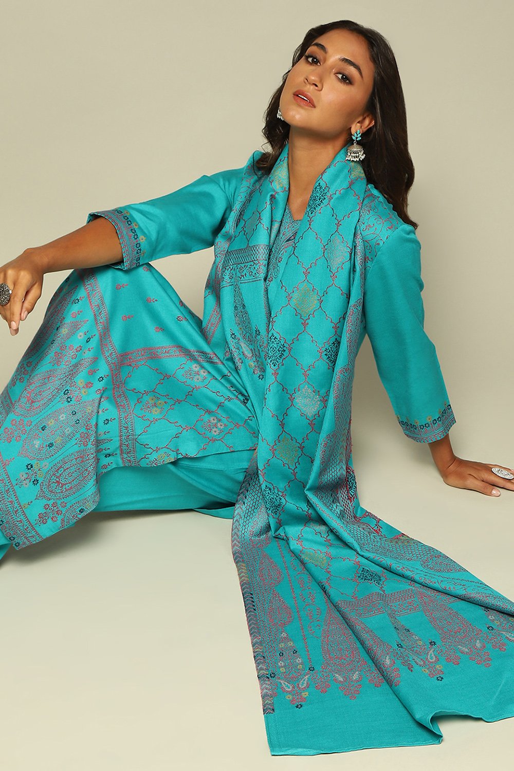 Aqua Blue Poly Acrylic Straight Yarn Dyed Kurta Palazzo Suit Set image number 0