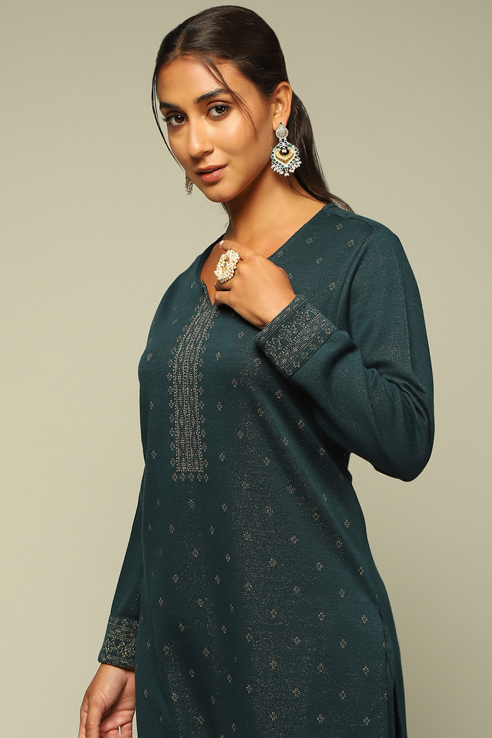 Teal Blue Circular Jacquard Straight Yarn Dyed Kurta Palazzo Suit Set image number 7