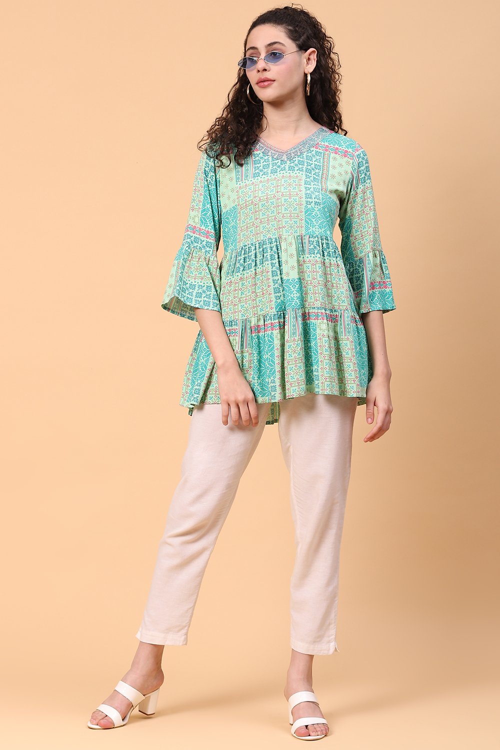 Mint Green Viscose Rayon Flared Top image number 5