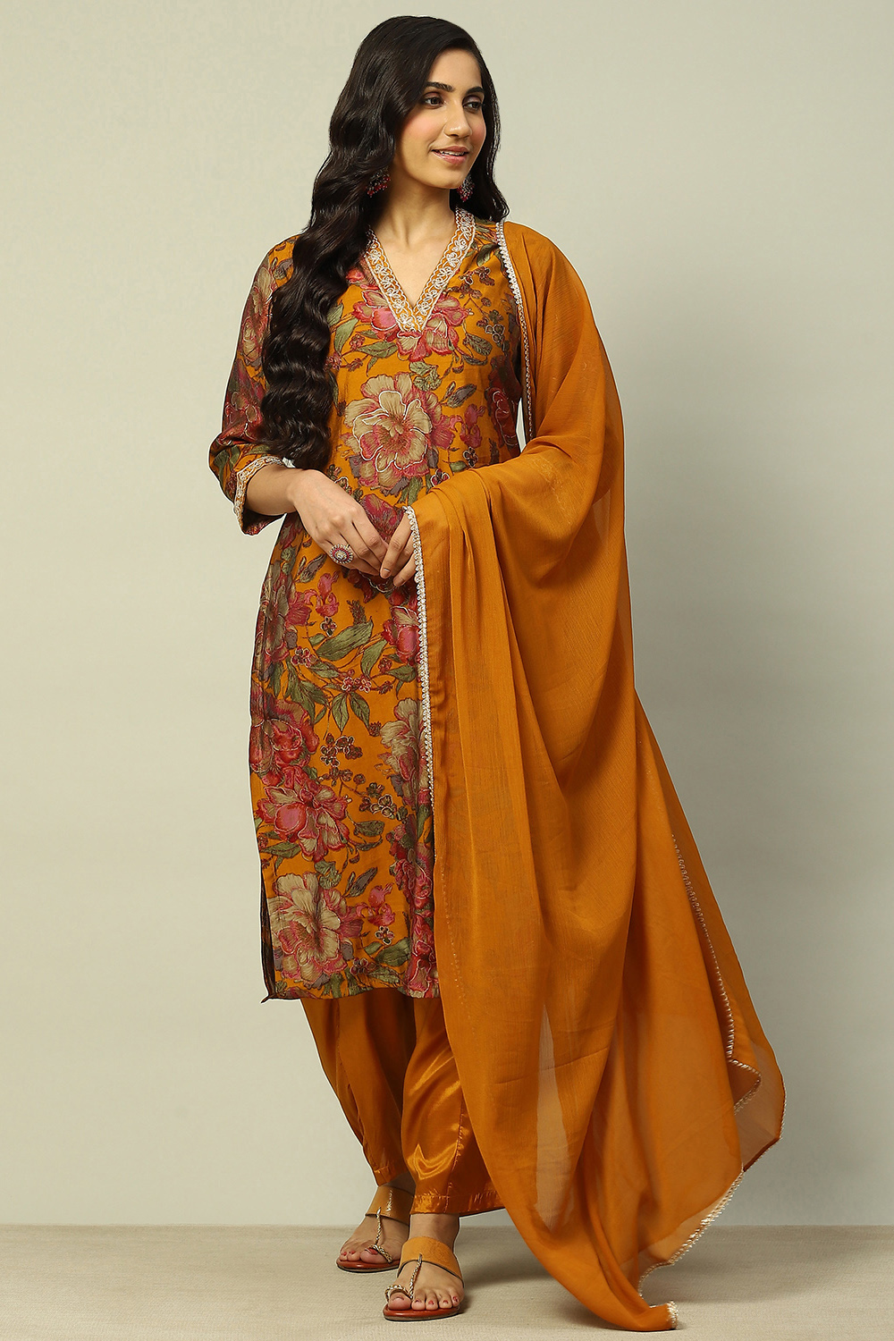 Mustard Viscose Blend Floral Printed Straight Suit Set image number 0