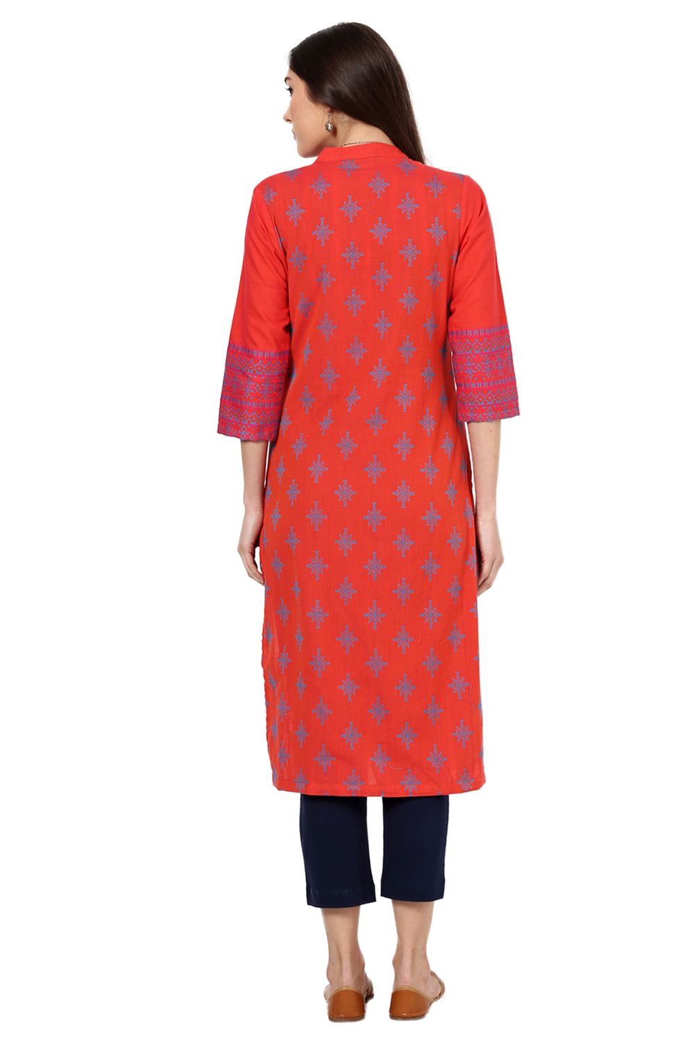 Orange Straight Poly Cotton Kurta image number 5