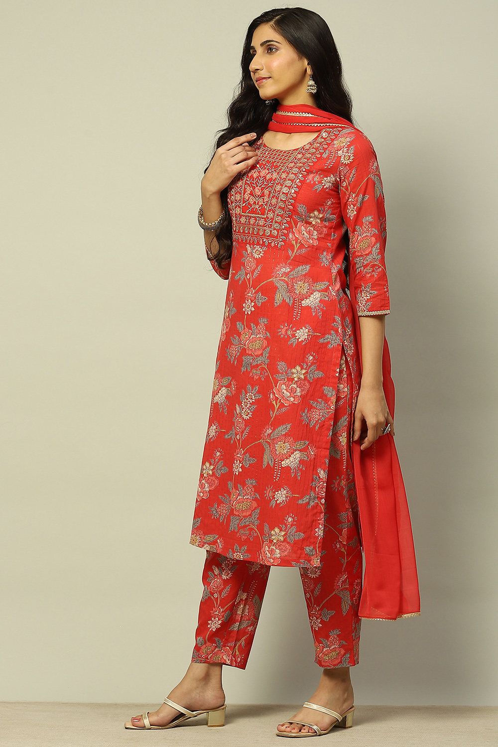 Green Cotton Lurex Floral Printed Straight Suit Set image number 3