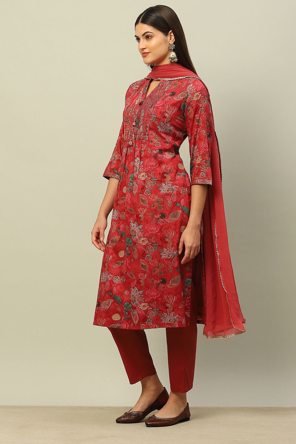 Pink Cotton Straight Printed Kurta Pants Suit Set image number 3