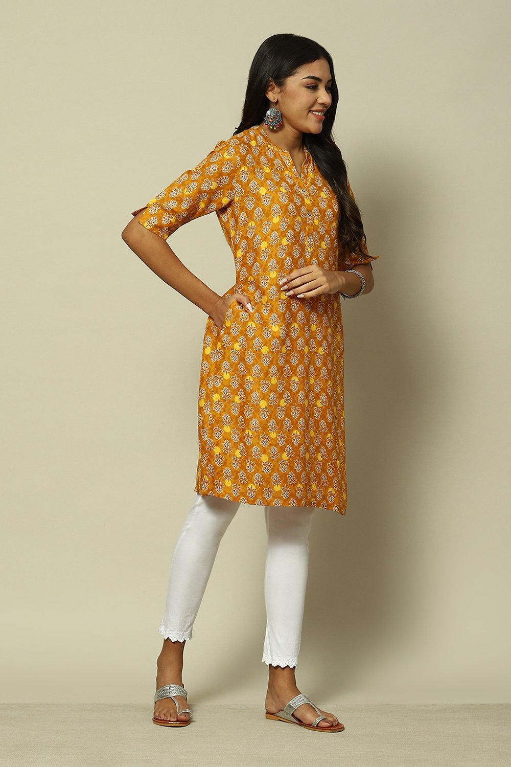 Mustard LIVA Straight Printed Kurta image number 3