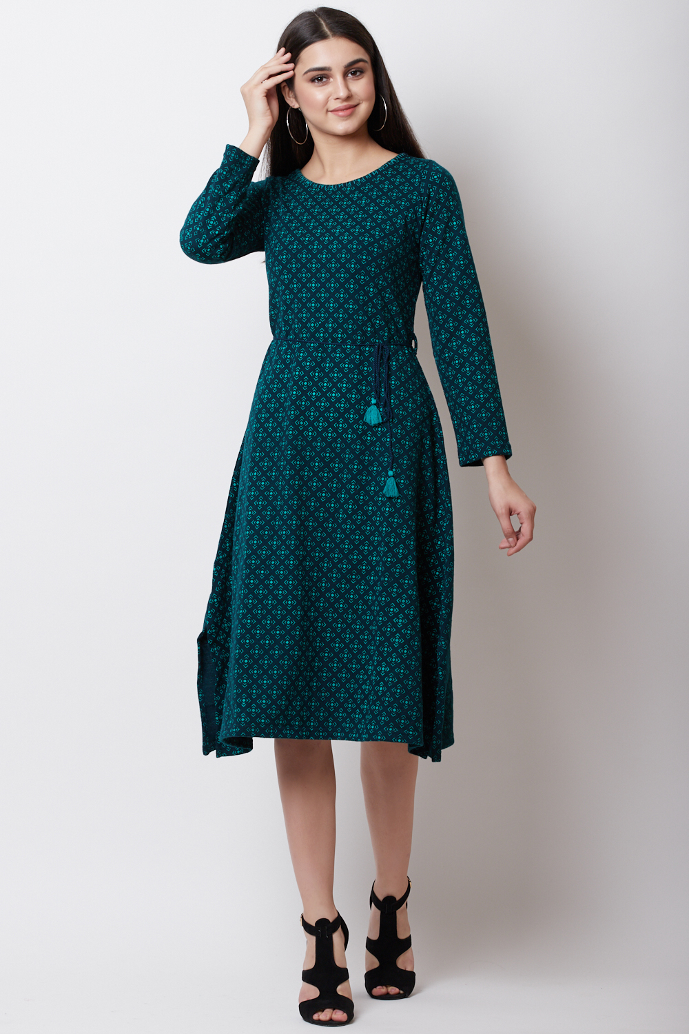 Dark Green POLY COTTON      A Line Dress image number 0