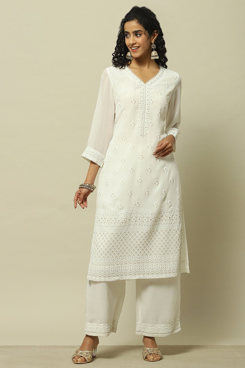 White Poly Georgette Embroidered Straight Kurta image number 5