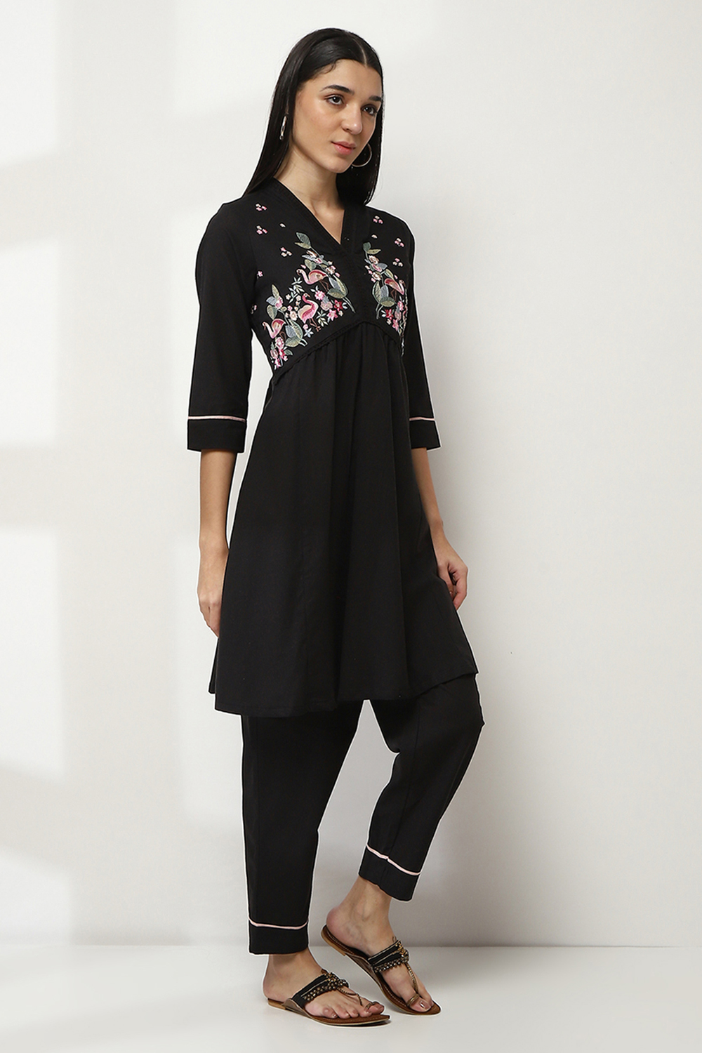 Black Cotton Gathered Kurta Set image number 5