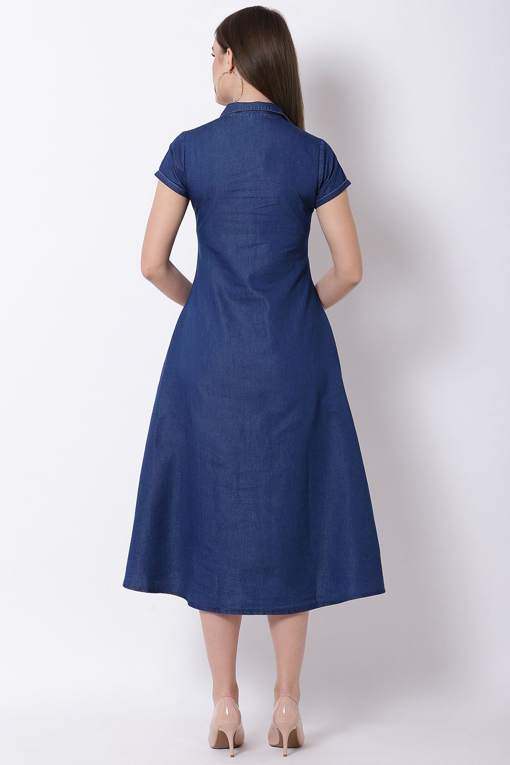 Denim Blue Cotton Asymmetric Dress image number 4