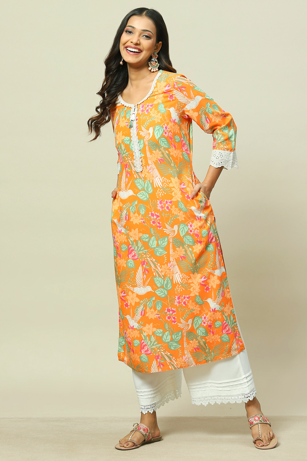 Buy Orange LIVA Straight Kurta 1N by Rangriti