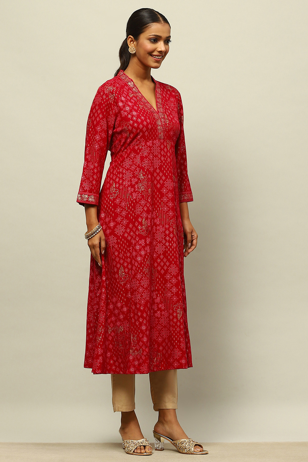 Red Rayon Printed A-line Kurta image number 4