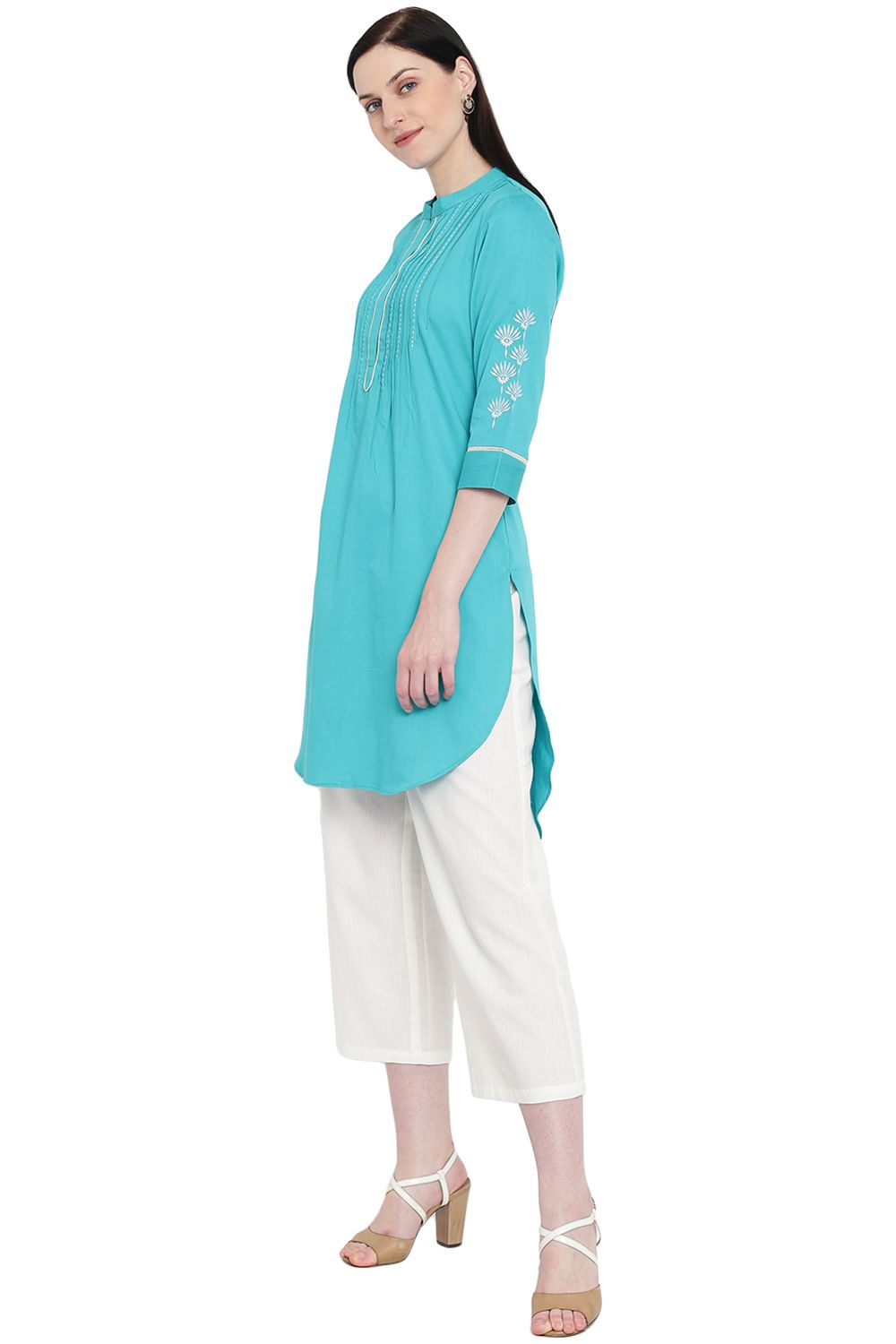 Turquoise Cotton Straight Kurta image number 2