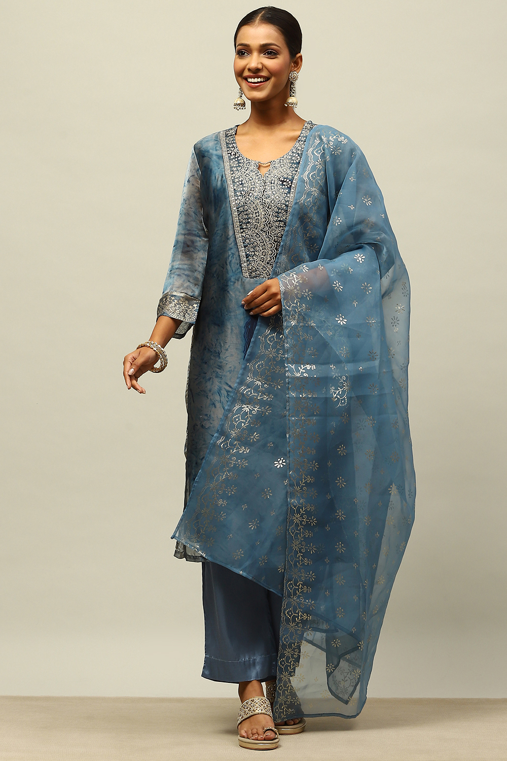 Blue Poly Georgette Straight Printed Kurta Palazzo Suit Set image number 0