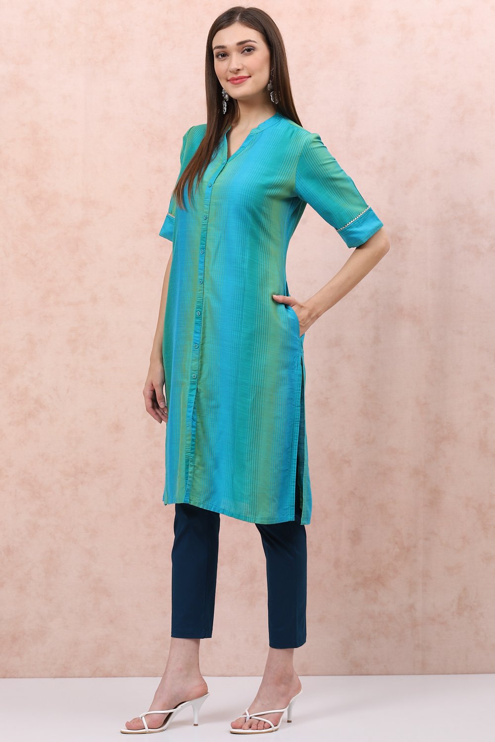 Turquoise Art Silk Straight Kurta image number 0