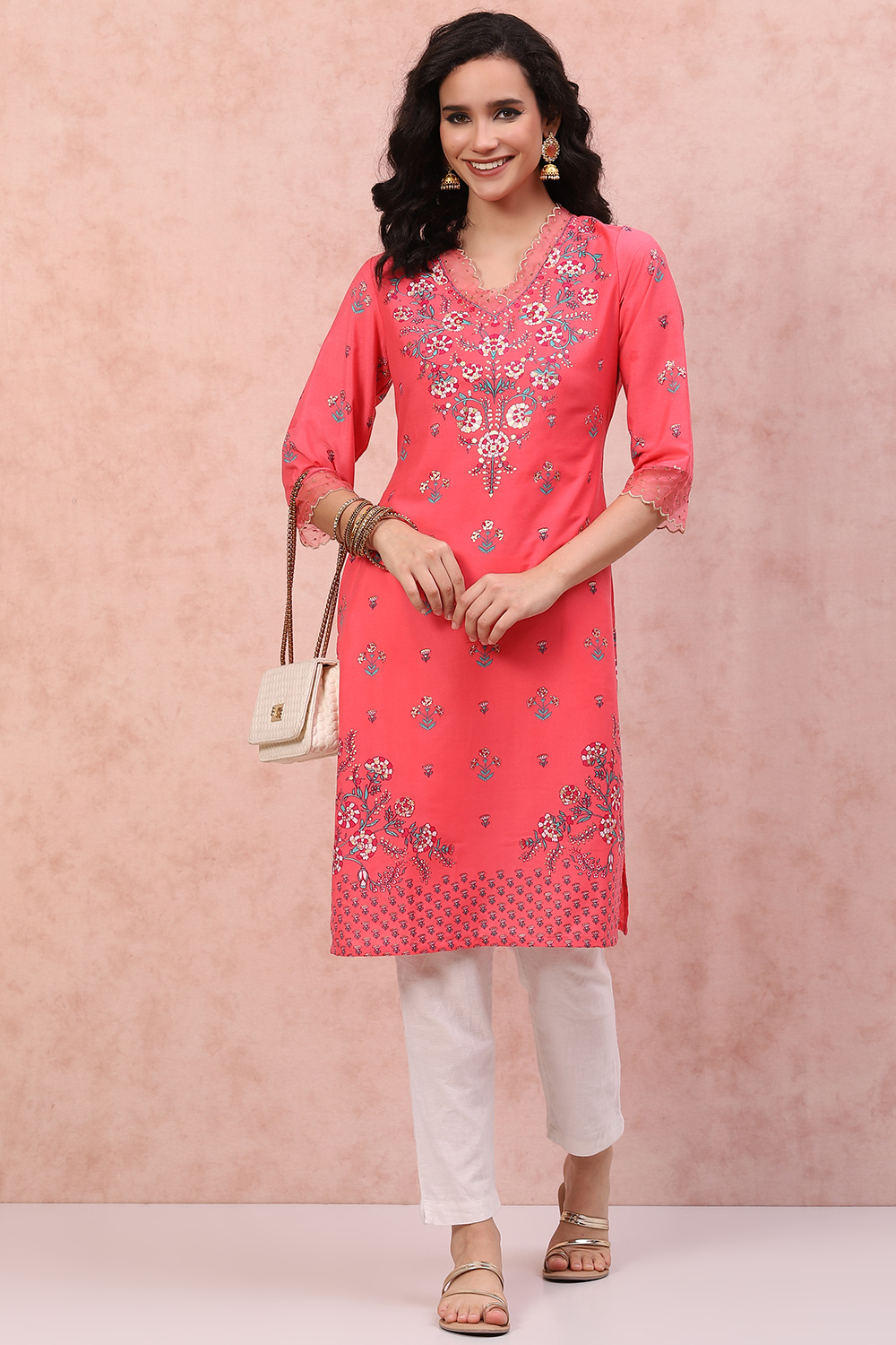 Pink Art Silk Floral Kurta image number 5