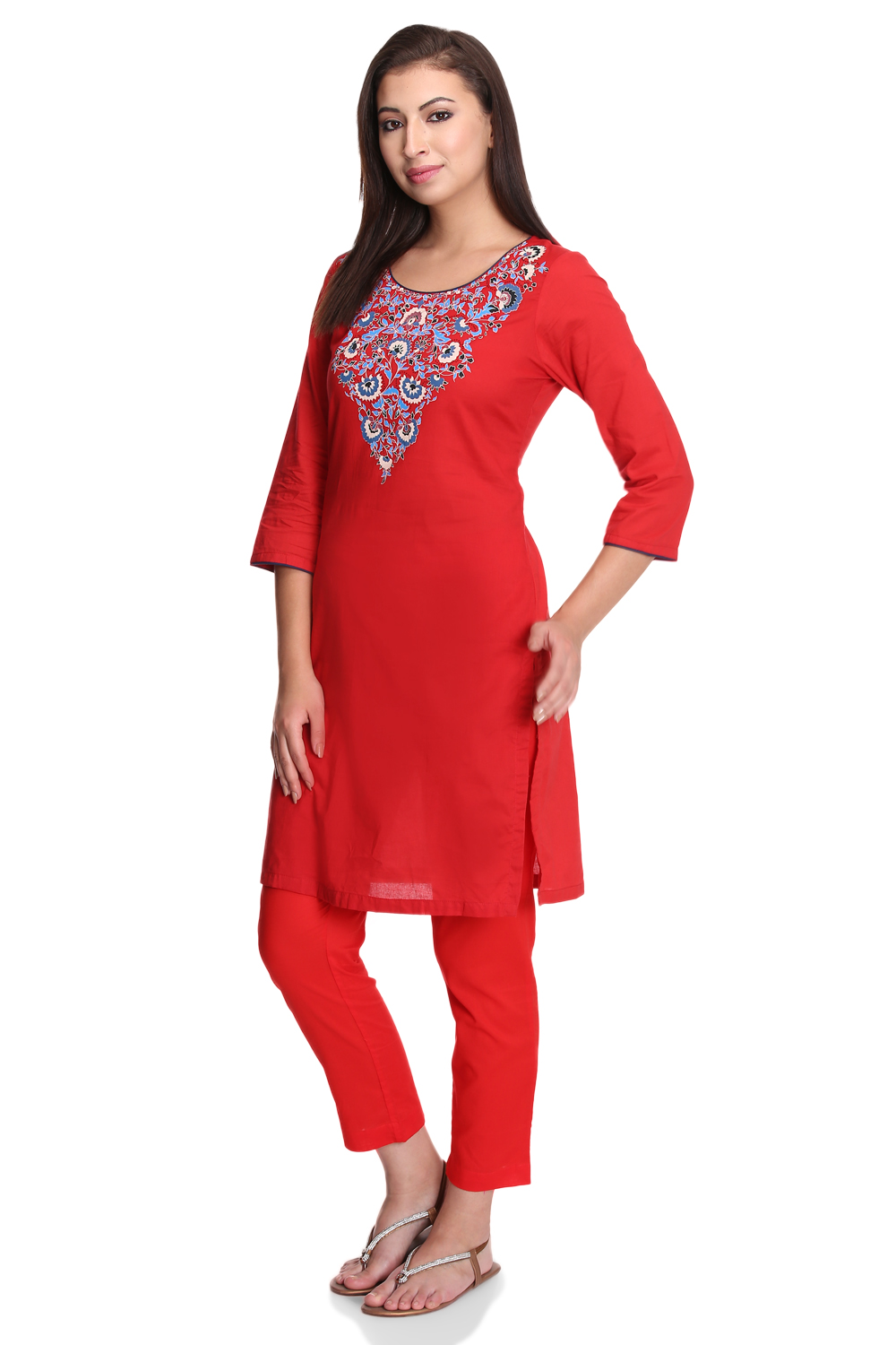 Red Straight Cambric Cotton Kurta image number 3