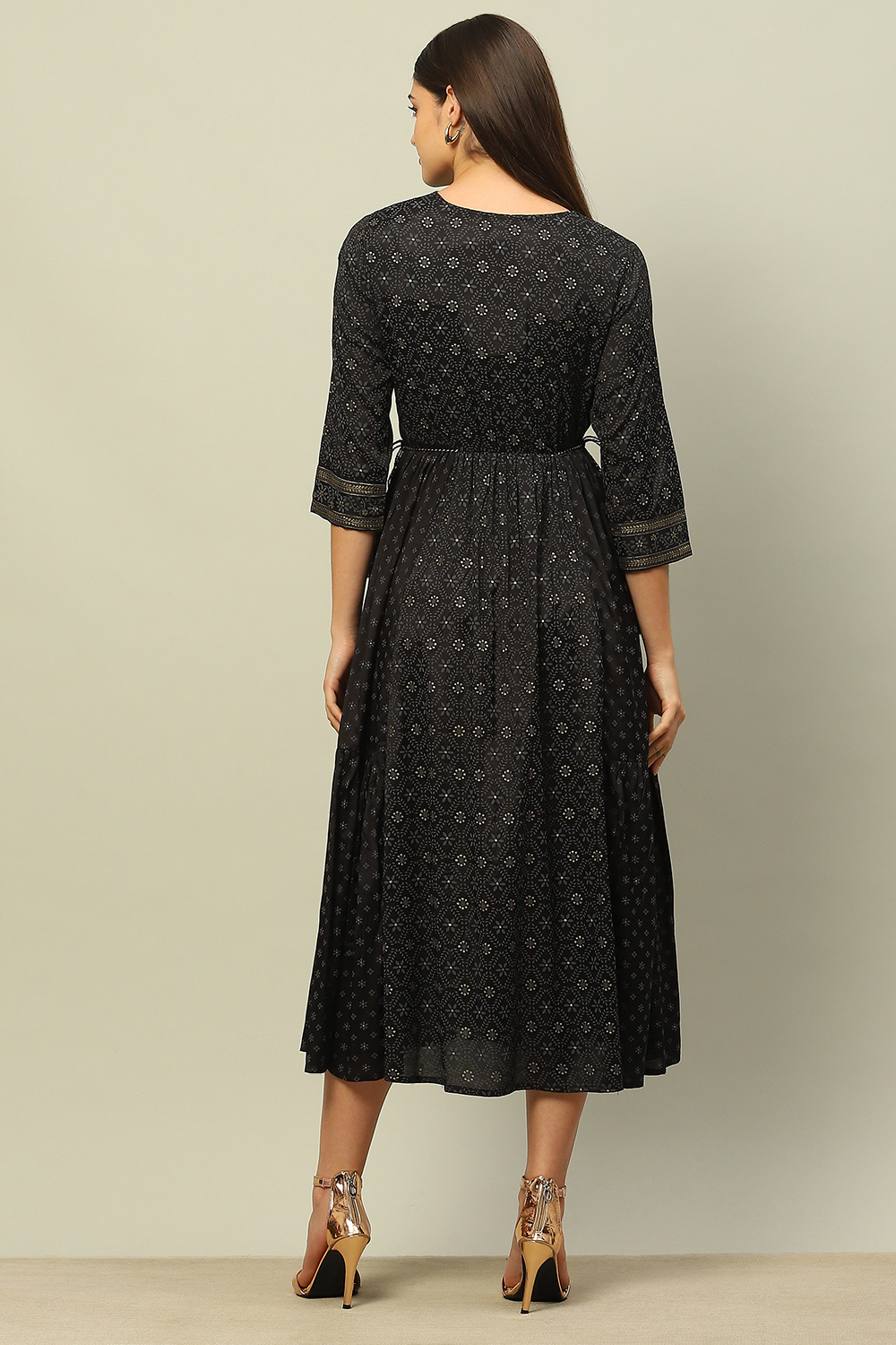 Black Viscose Shantoon Printed Tiered Dress image number 3