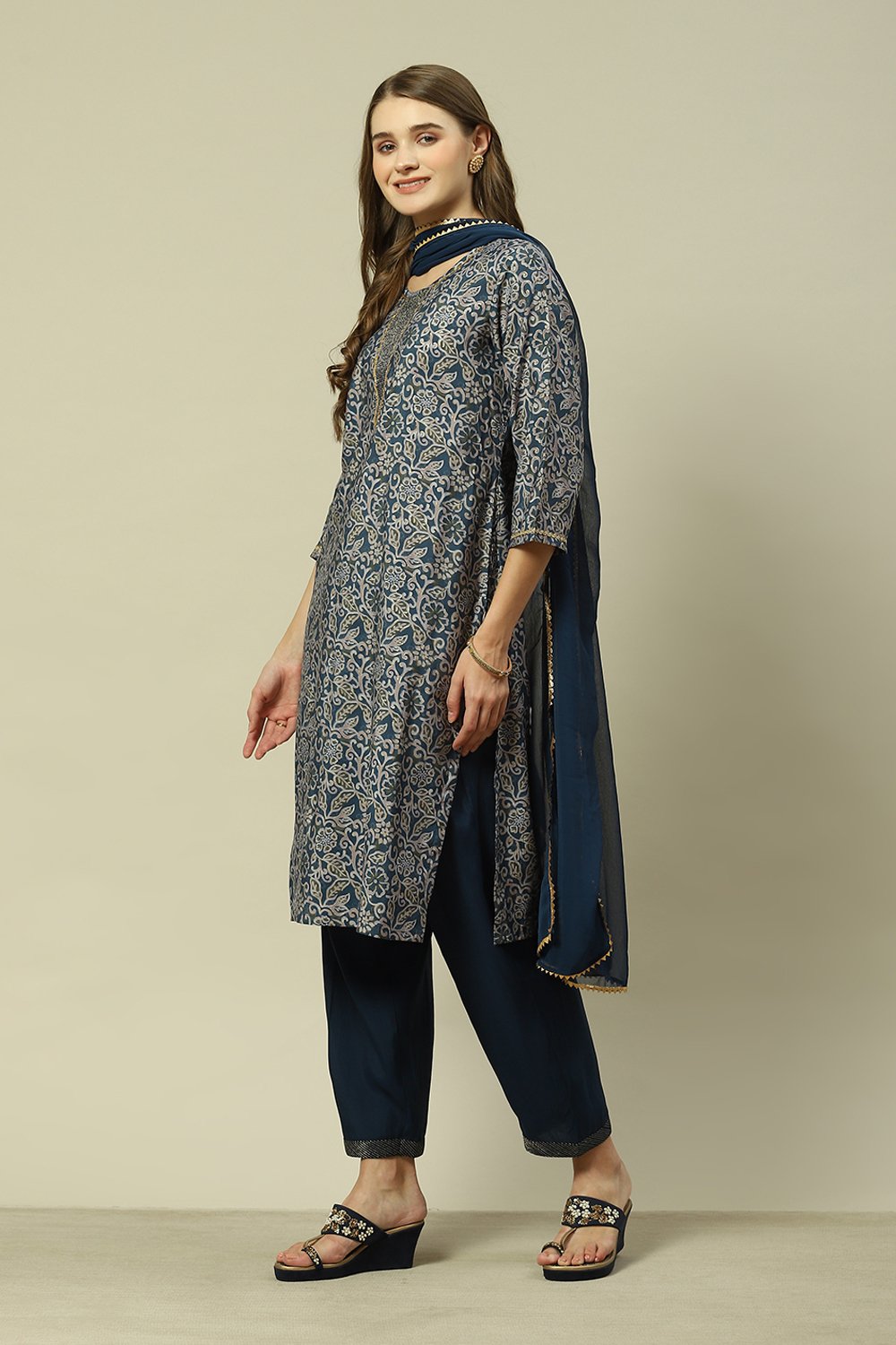 Navy Blue LIVA Straight Printed Kurta Palazzo Suit Set image number 7