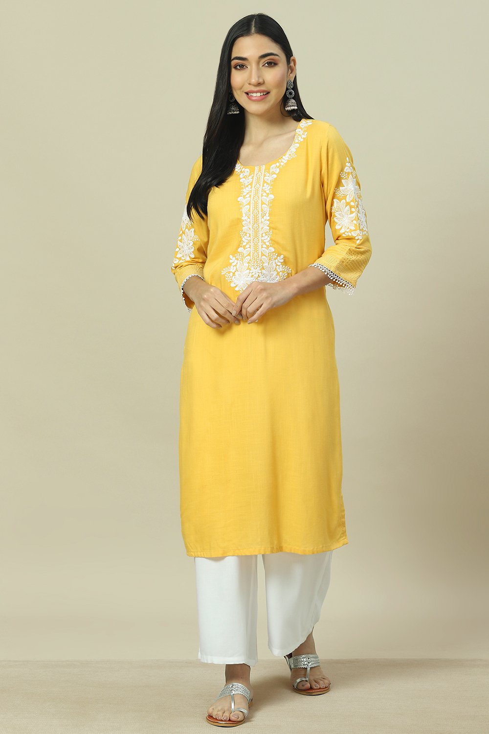 Yellow LIVA Straight Kurta image number 5