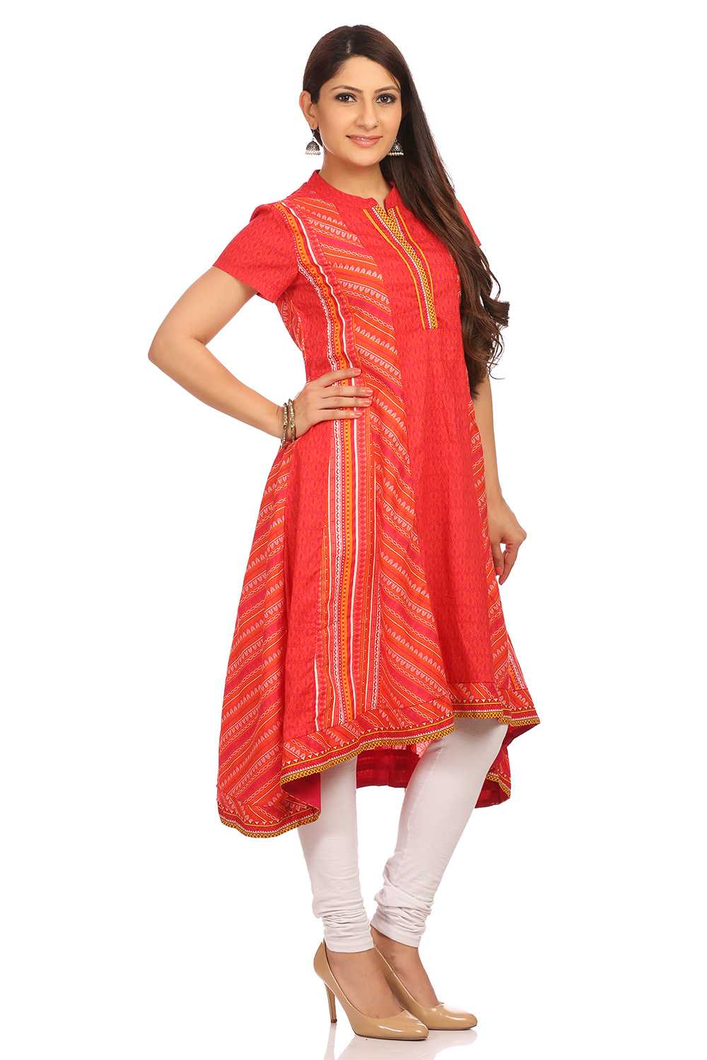 Red Kalidar Cotton Kurta image number 2