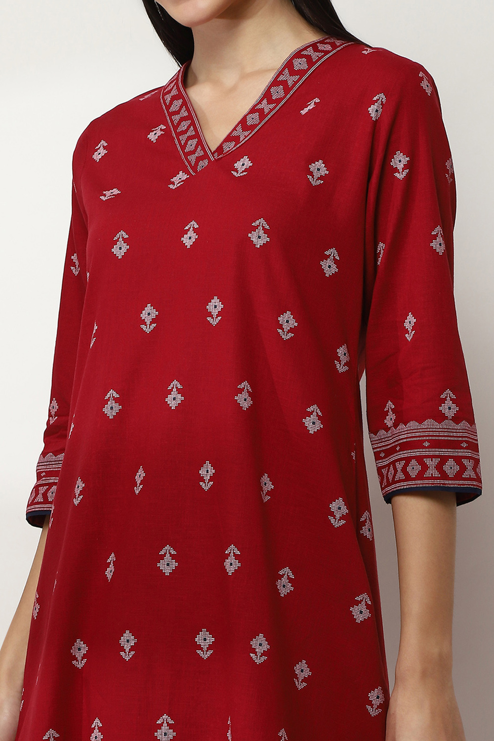 Maroon Cotton Printed Straight Kurta Set image number 1