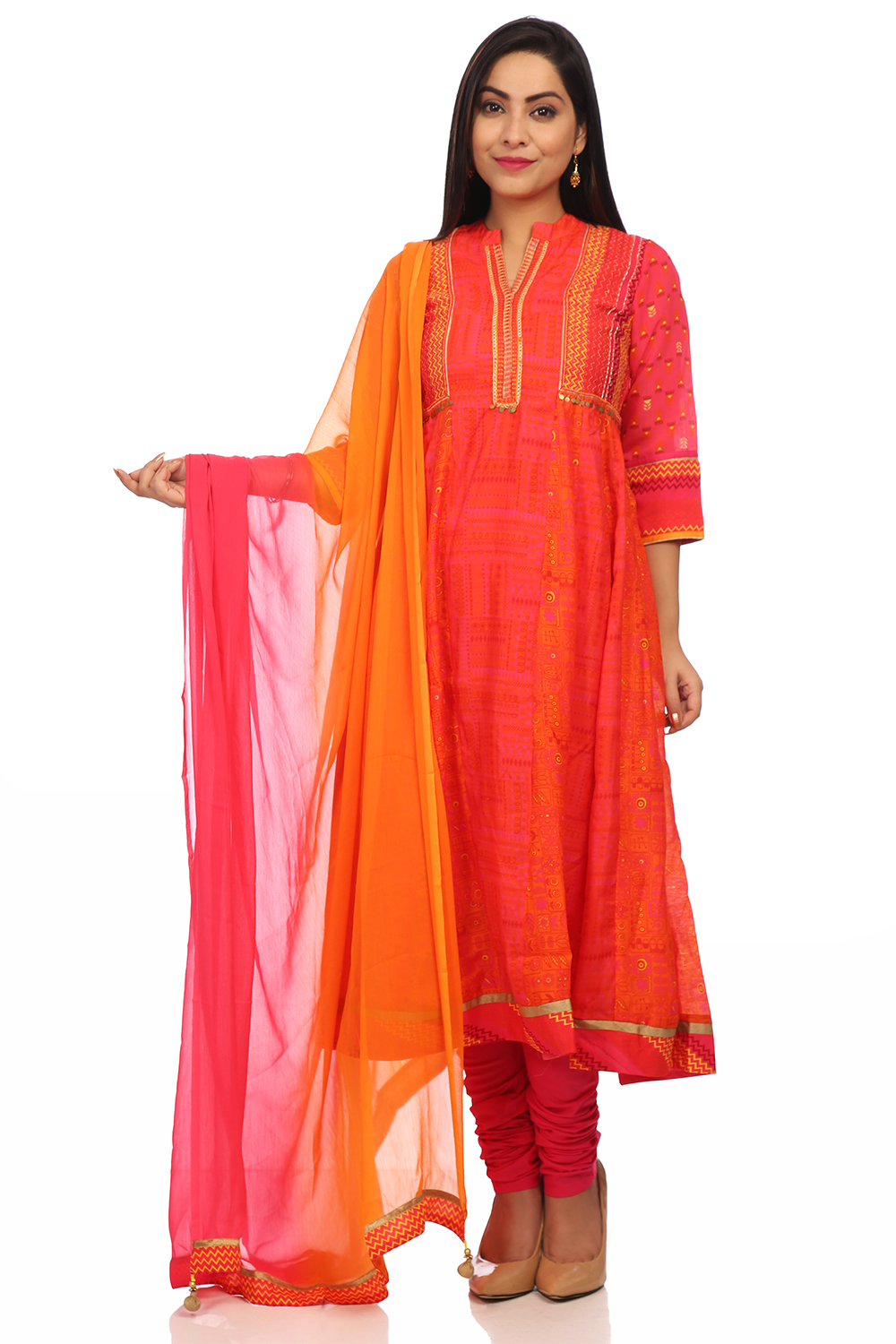 Orange Kalidar Polyester Suit Set image number 0