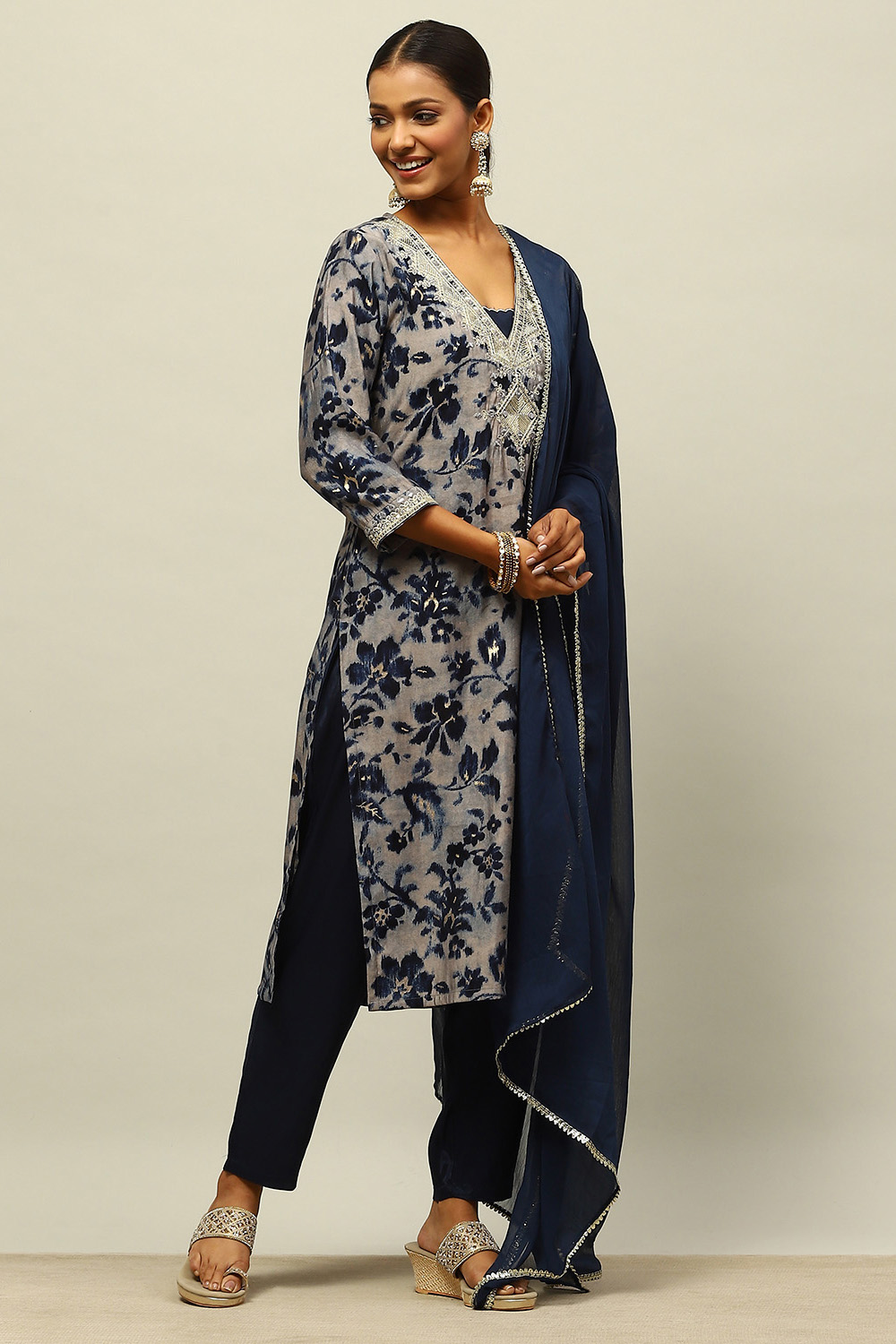 Blue Viscose Blend Straight Printed Kurta Palazzo Suit Set image number 5