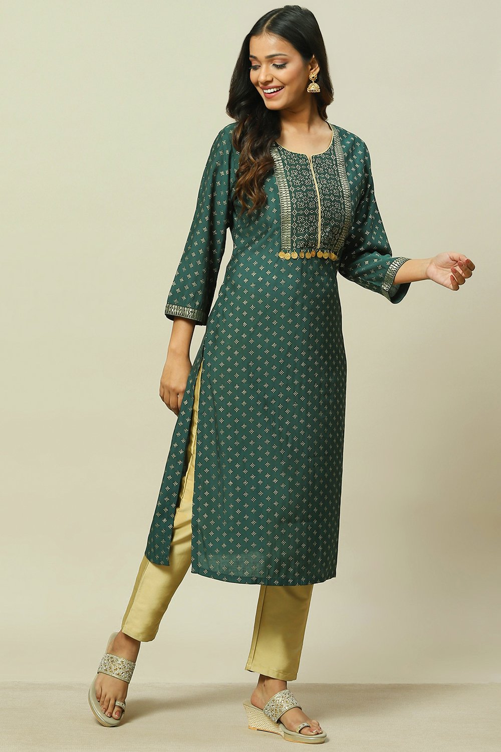 Green LIVA Straight Kurta image number 3