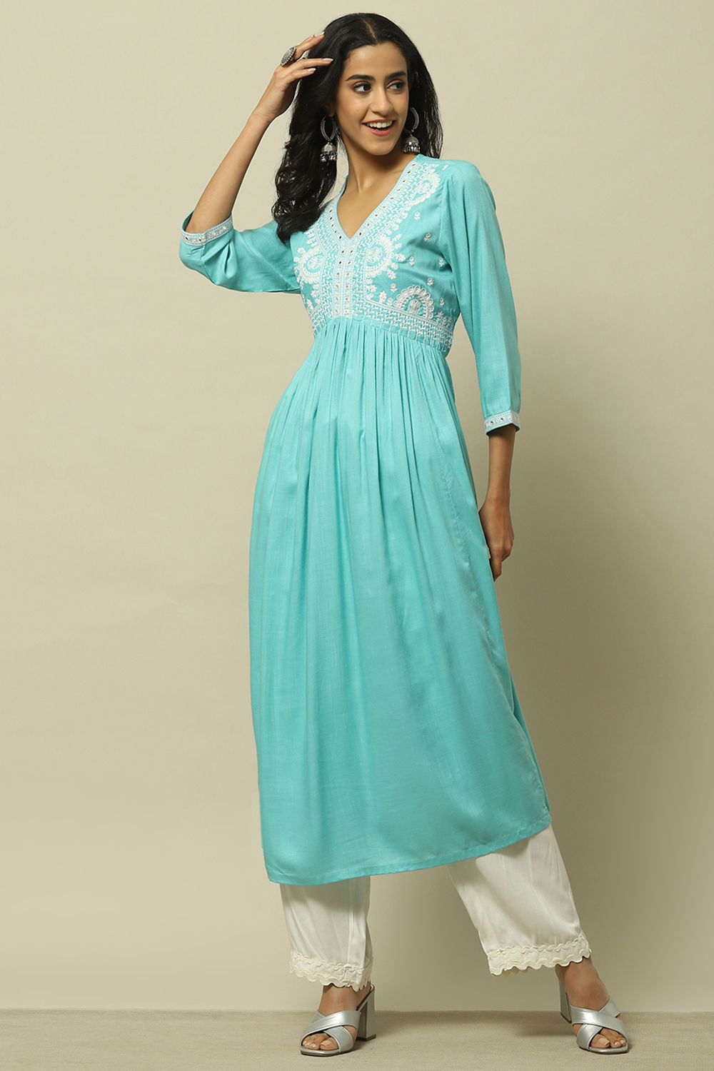 Cyan Blue Rayon Slub Tiered Dress image number 0