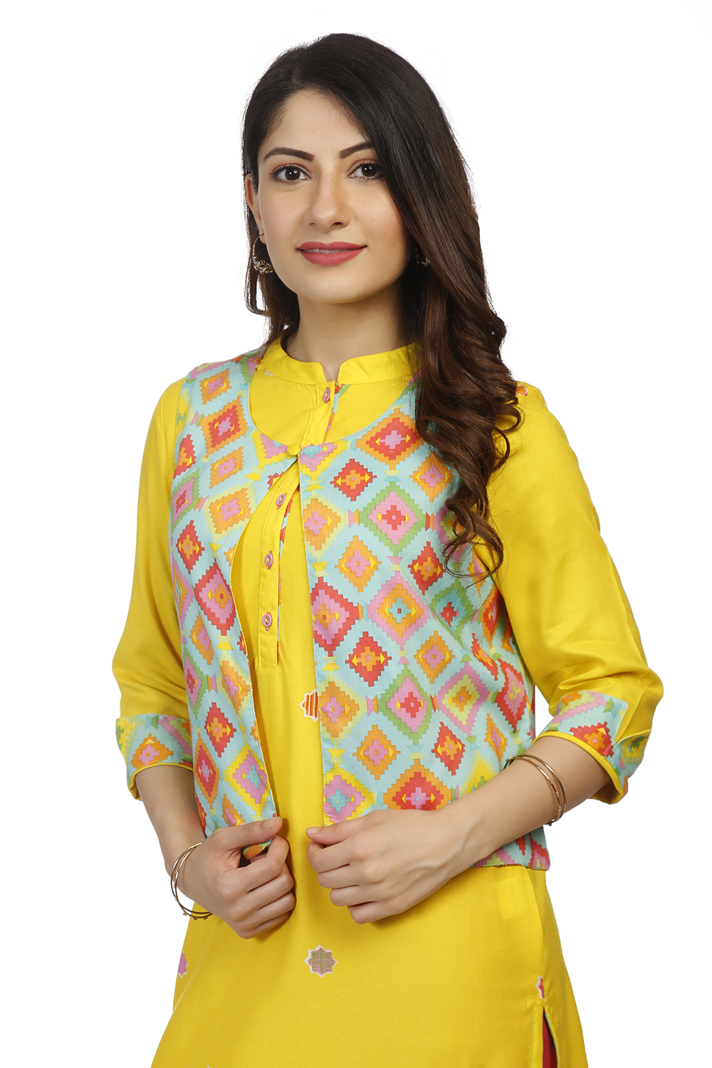 Yellow Front Open Viscose Rayon Jacket image number 3