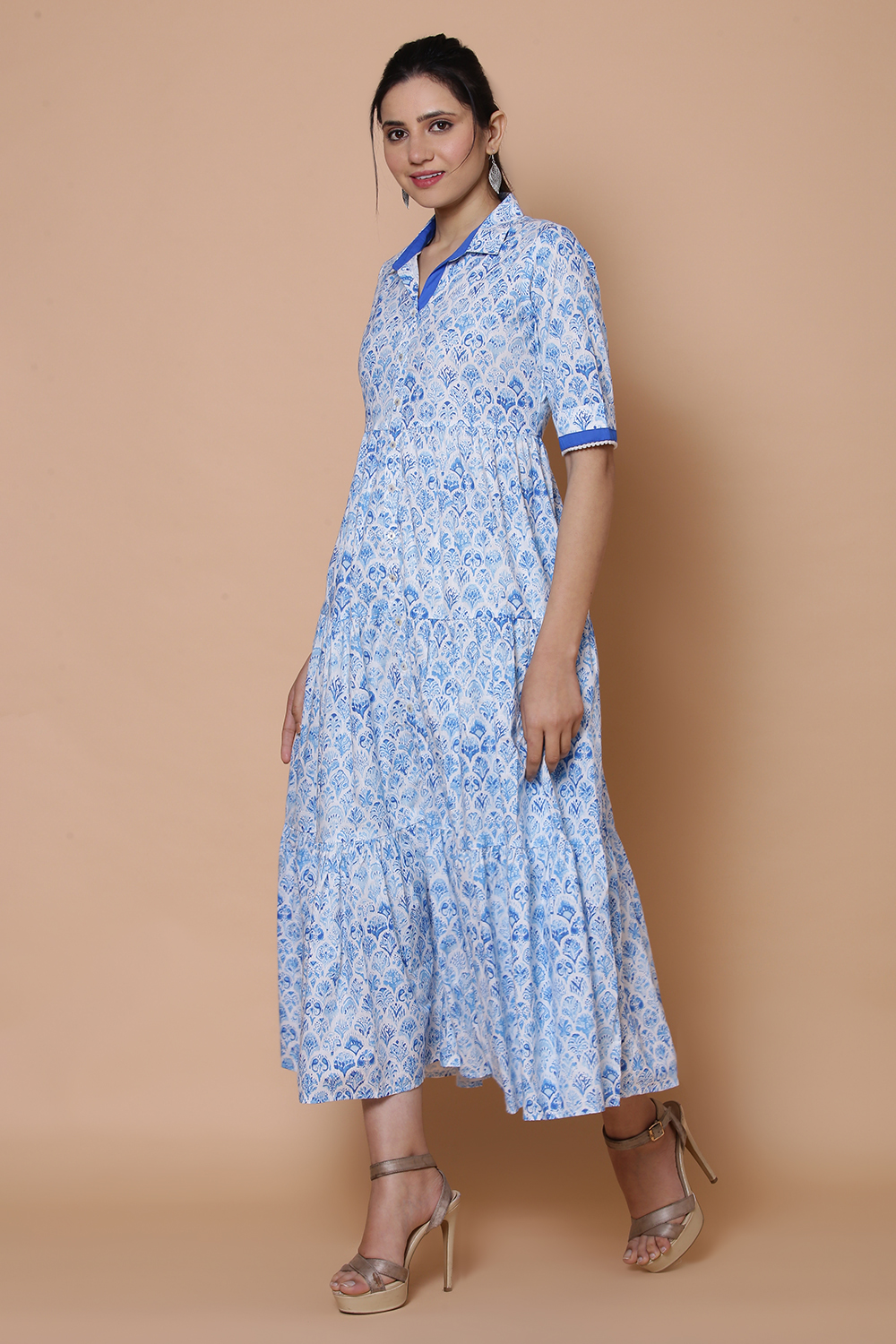 Blue Cotton Slub Tired Dress image number 3