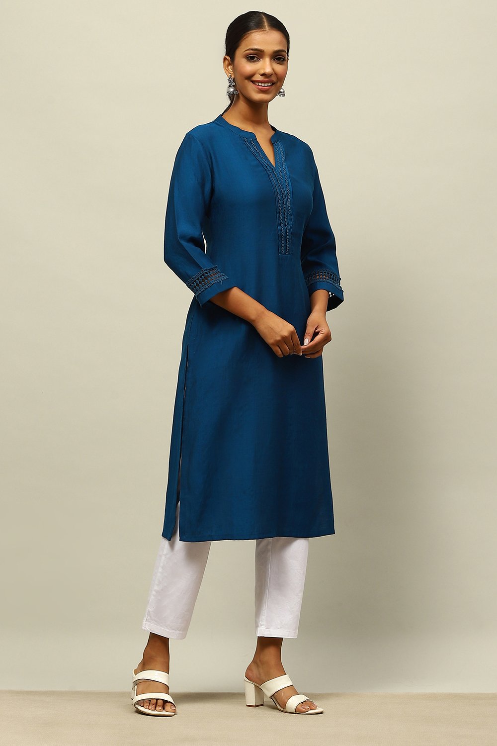 Blue Viscose Blend Straight Kurta image number 4