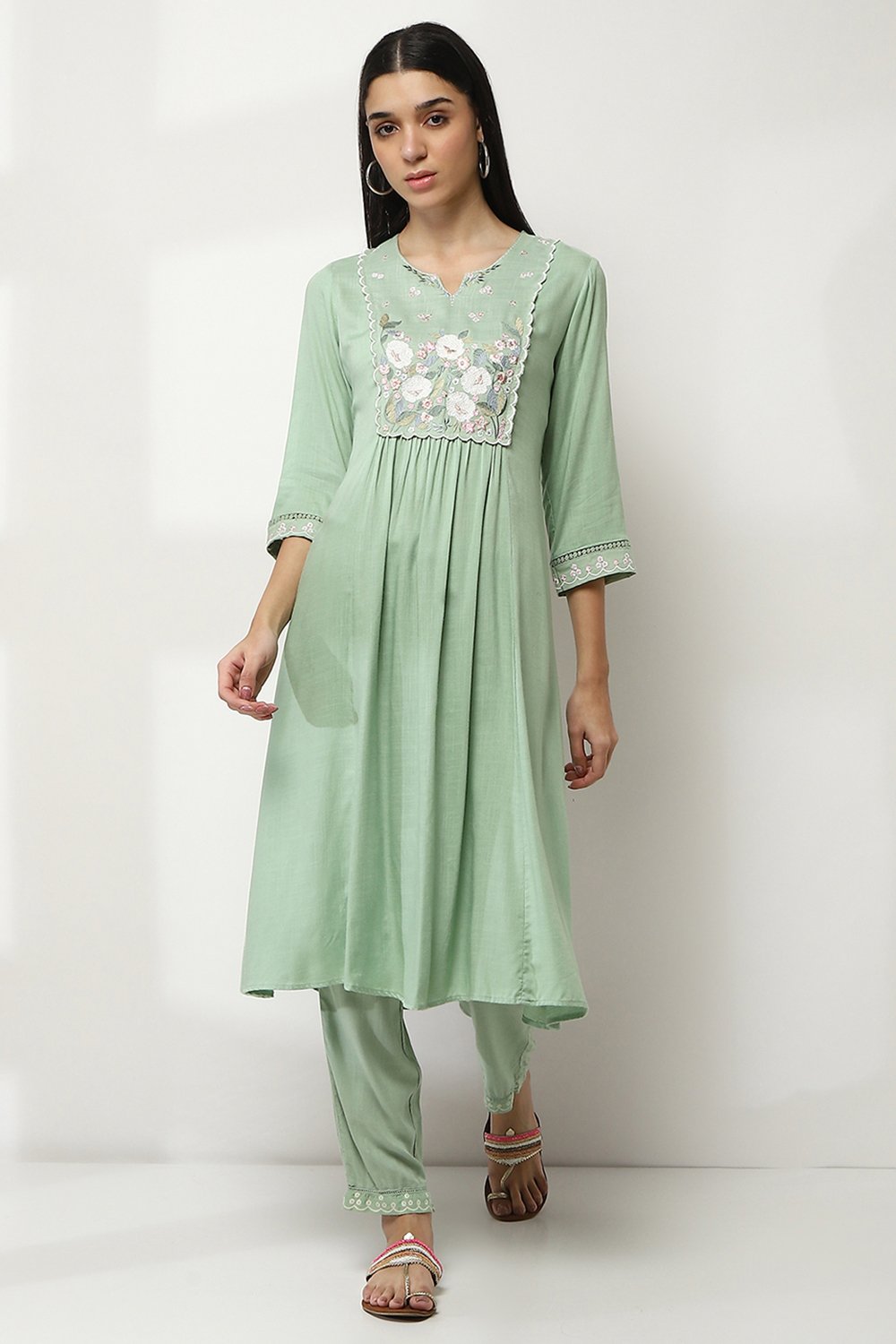 Sage Green Embroidered Flared Kurta image number 0