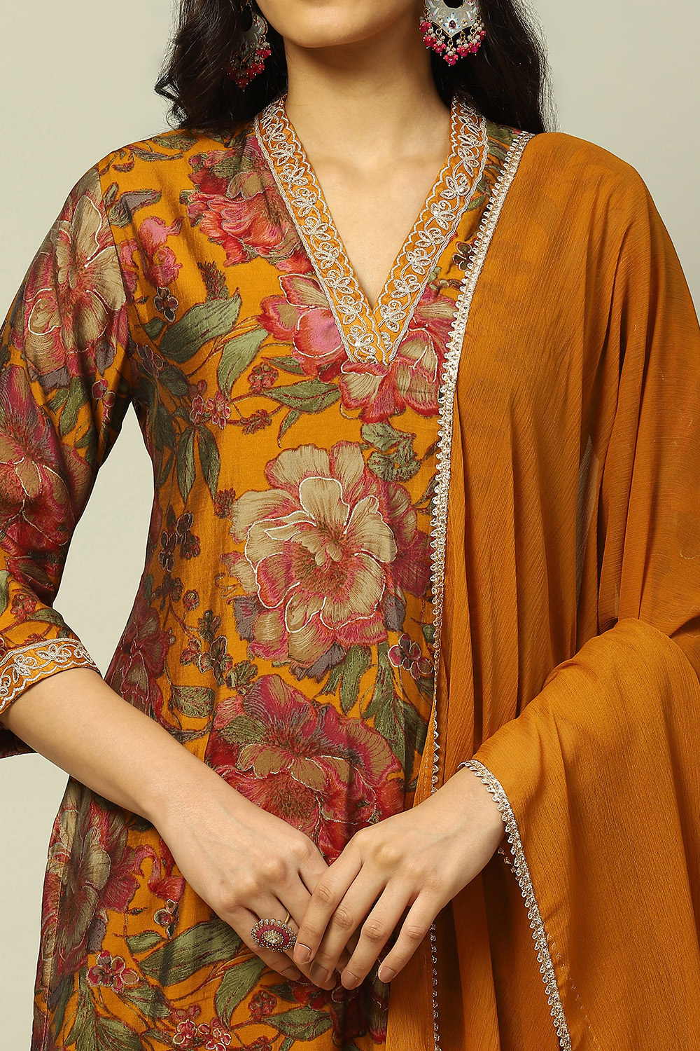 Mustard Viscose Blend Floral Printed Straight Suit Set image number 1