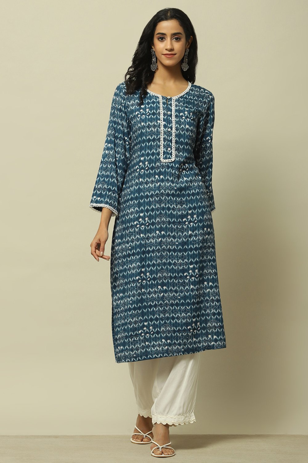 Blue Printed Straight Kurta image number 5