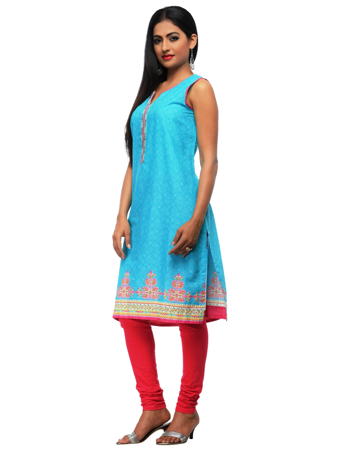 Turquoise Cotton Straight Kurta image number 1