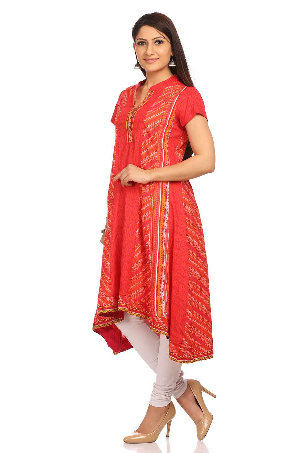 Red Kalidar Cotton Kurta image number 1